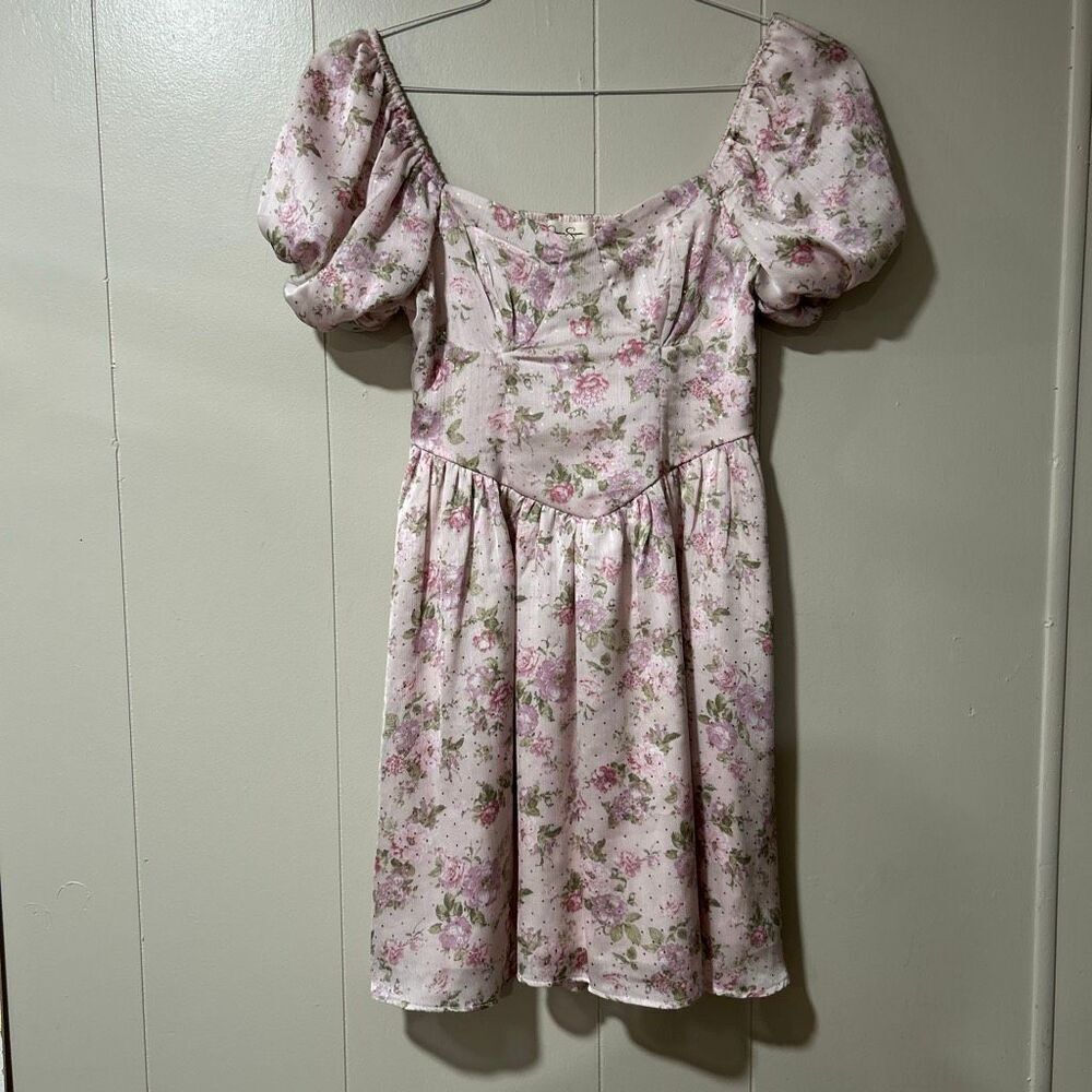 Jessica Simpson Pink Floral Puff Sleeve Mini Dress Smocked Back Size S
